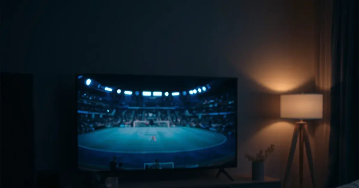 A dark living room at night with a television frozen mid-broadcast during a football match, the screen glitching under a faint blue buffering glow.