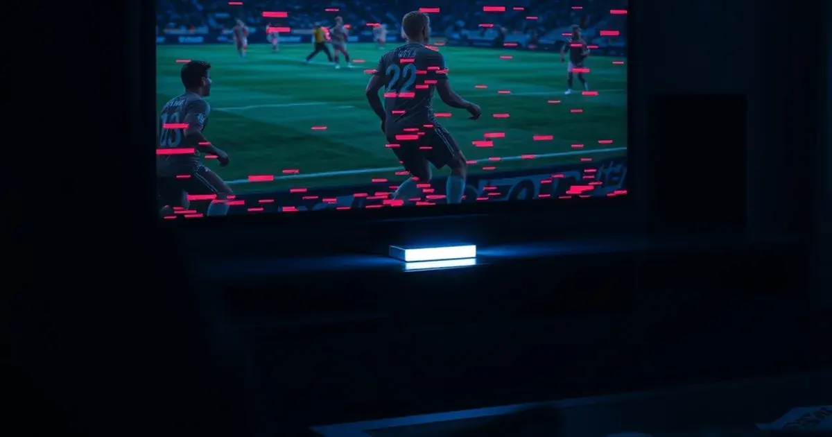 A television showing a football match freezing into pixelated glitch artifacts with a buffering icon, in a dark room lit only by the screen's cold blue glow