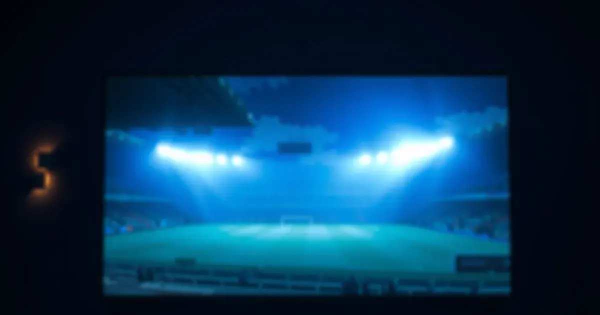 Dark home theater room with a large screen showing a floodlit stadium pitch at night, a streaming device and remote in the foreground
