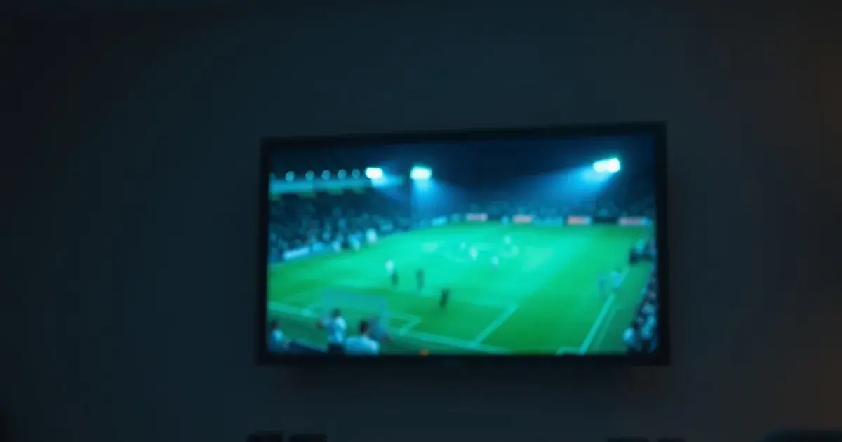 Dark living room at night lit by a wall-mounted screen showing a football match, with coins and a calendar page glowing faintly on a side table.