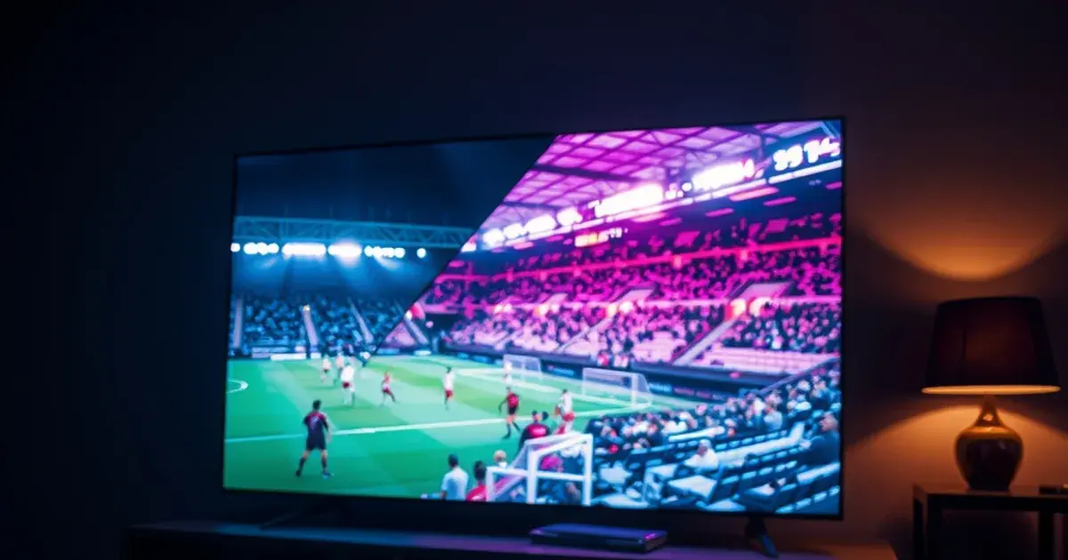 A television screen showing a sharp live football stream on one side fading into pixelated static on the other, in a dark UK living room at dusk