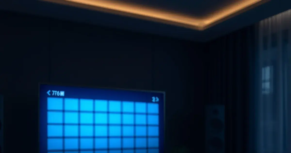 Dark living room at night with a TV displaying a half-loaded electronic programme guide grid and a remote control resting nearby