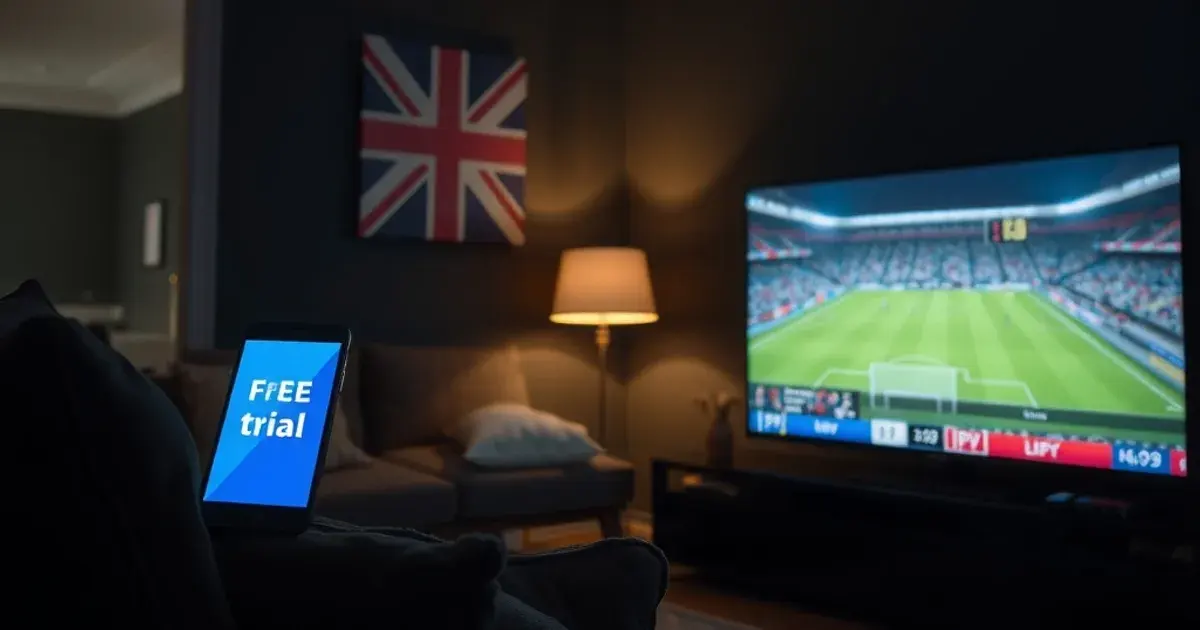 A dark UK living room at night split by two glows: a smartphone on the sofa arm showing a flashy blue "free trial" screen on one side, and a large television calmly streaming a live match with a clean, buffer-free picture on the other, warm lamp light between them