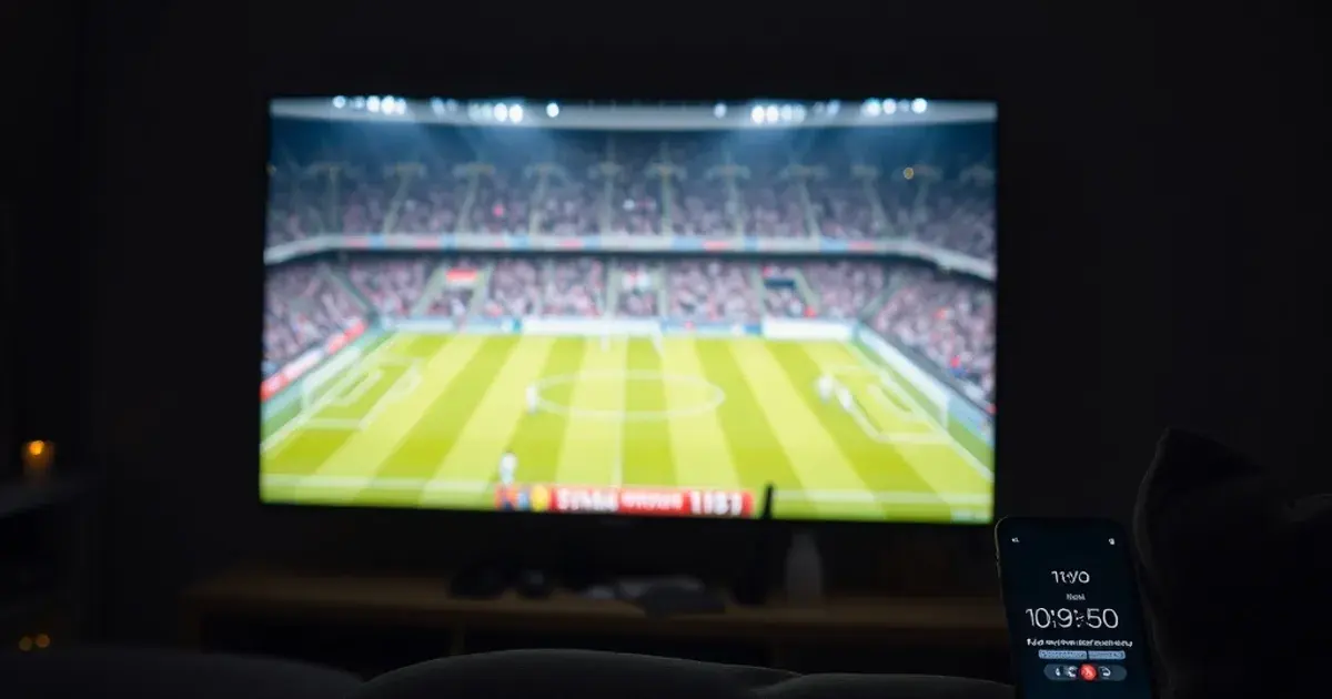 A dark UK living room lit only by a television screen showing a live football match at 1am, a phone on the sofa arm displaying the time