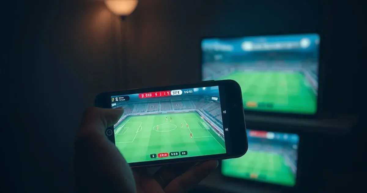 A smartphone streaming a live football match in a dark room, with a tablet glowing softly in the background