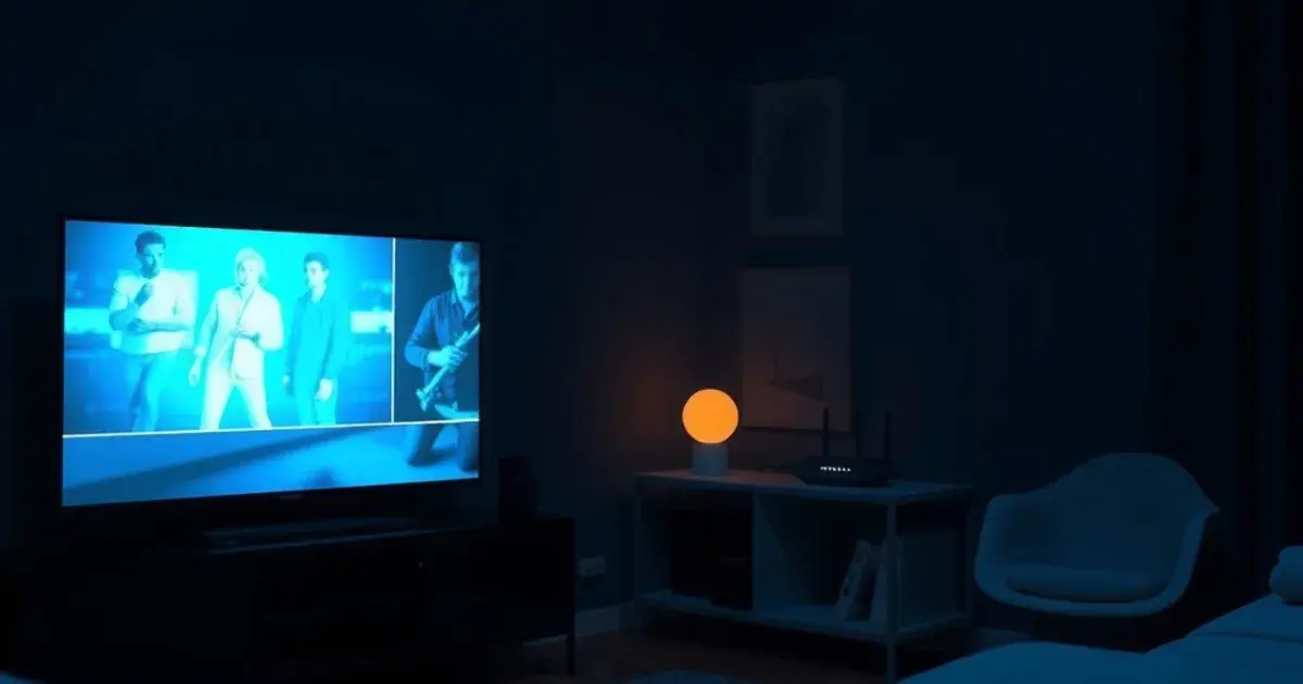 Dark living room at night with a TV streaming and a router glowing on a nearby shelf