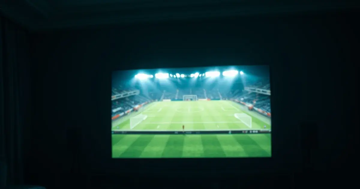 A dark living room lit by a TV screen showing an empty floodlit football pitch, with a streaming device and remote in the foreground moments before kickoff