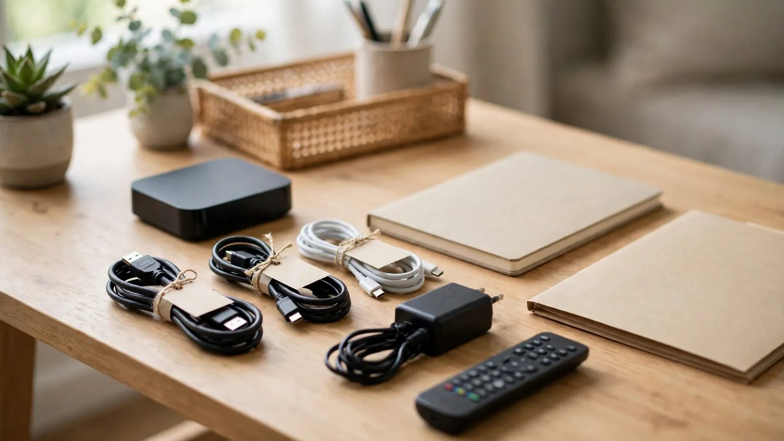 Wooden desk arranged with a black streaming device, remote control, notebooks, coiled cables, and adapters.