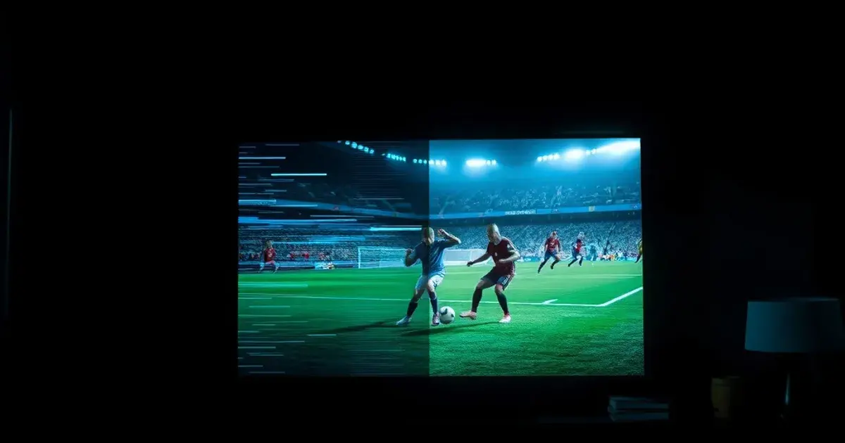 A dark living room lit by a TV showing a football match with a glitching, frozen half of the screen, conveying a stress test of streaming reliability