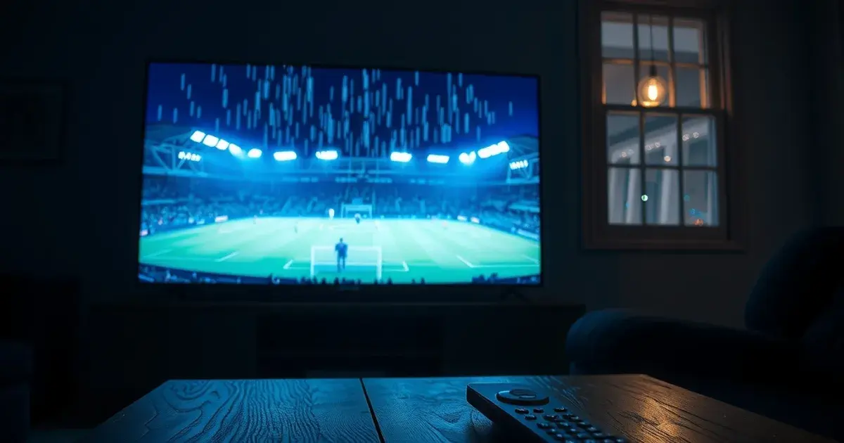 A dark living room lit by a TV screen showing a floodlit football stadium during a night match, with a streaming remote on the table in the foreground