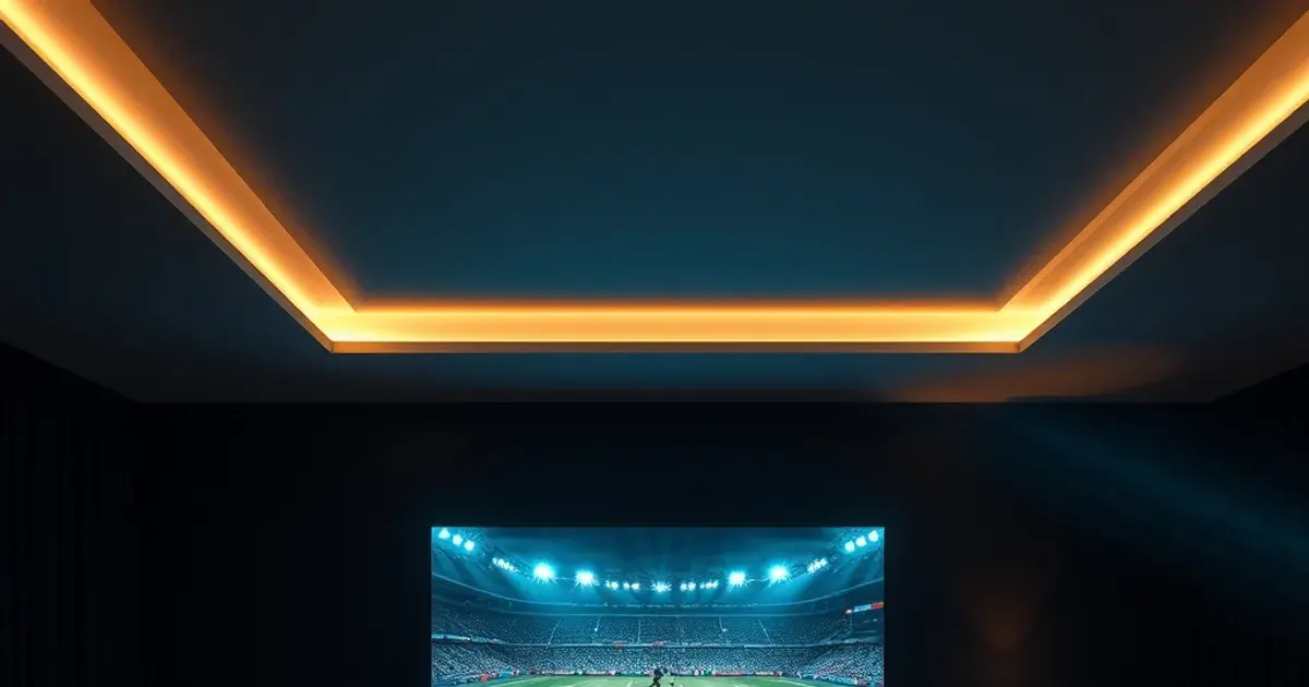 A dark living room at night with a TV showing a smooth, uninterrupted live football broadcast, faint glowing data-routing light trails converging toward the screen from multiple directions