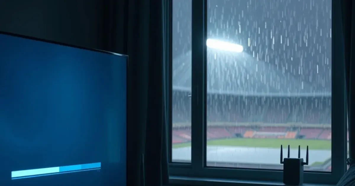 A dark living room at night lit by a TV screen frozen on a buffering icon, with a router's warning lights blinking nearby and stadium floodlights glowing faintly through a rain-streaked window