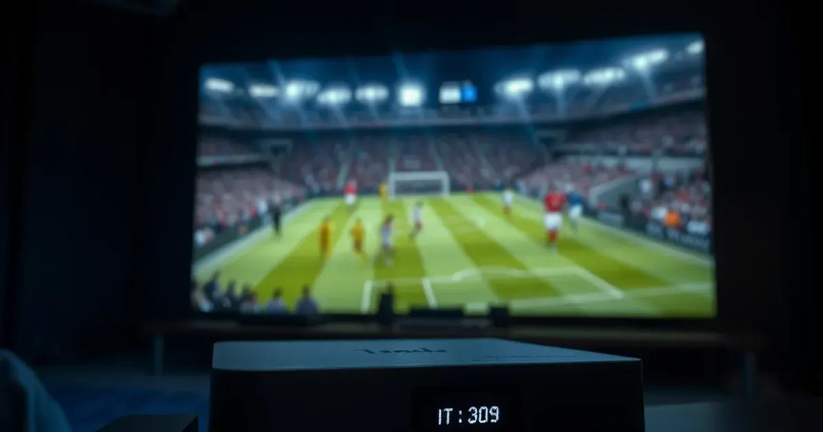 A streaming box with a glowing red recording light and an attached USB drive, with a live football match playing on a TV in a dark room