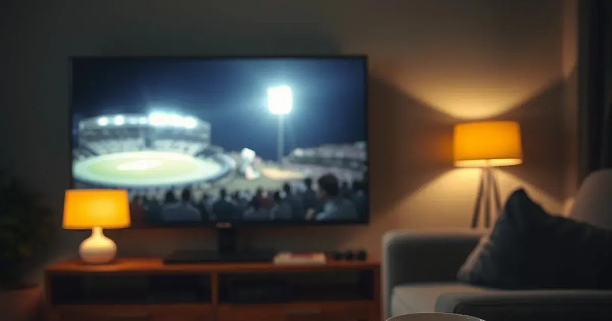 Dark, moody living room at night with a TV glowing with cricket stadium lights and a smartphone streaming app nearby