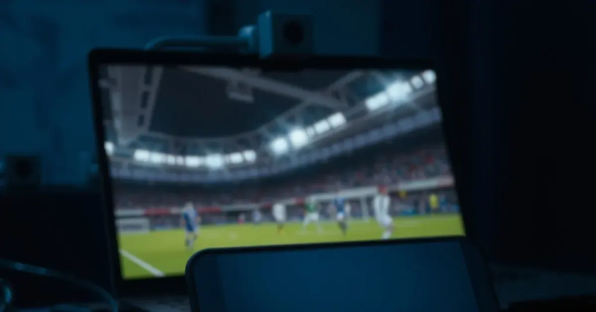 A phone showing a frozen streaming spinner in the foreground beside a laptop with a stable live broadcast glowing in the dark background
