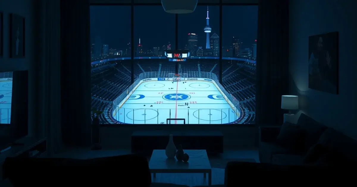A dark Toronto living room at night with a large 4K television glowing with a live hockey broadcast, city skyline visible through the window