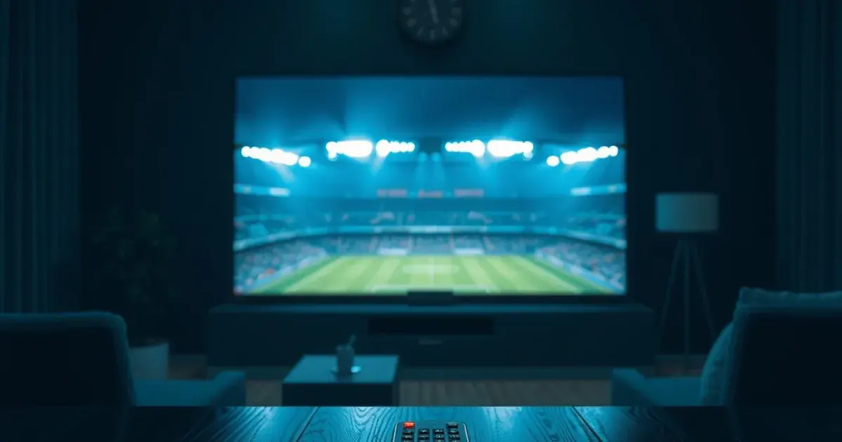 A dark living room at night lit by a television showing a floodlit European football stadium, with a remote control resting on the table in the foreground
