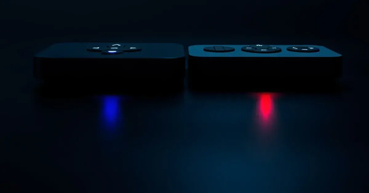 Two set-top boxes side by side in dark cinematic lighting, one glowing steady blue and one flickering red, symbolizing reliability versus instability in IPTV service comparison