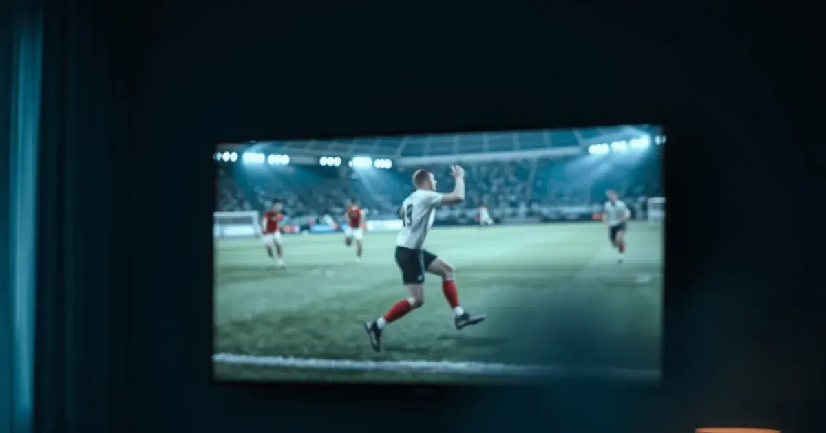 A dark living room with a TV showing a football match and a faint lagging afterimage of the same scene, an illuminated ethernet cable trailing into the screen, symbolizing streaming latency.