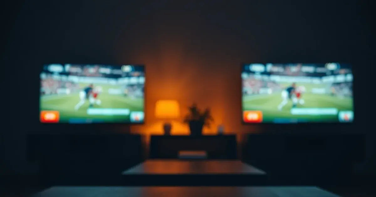 A dark living room at night with two screens simultaneously showing live football matches, streaming remotes on the table in the foreground