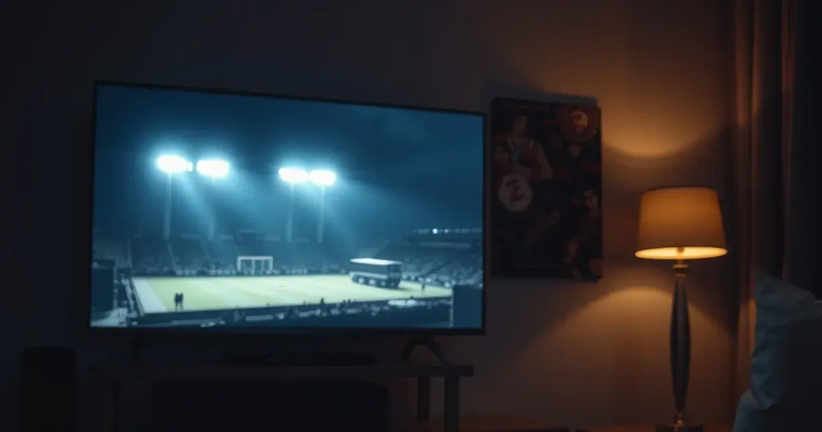 A dark living room lit by a television glowing with stadium floodlights, a streaming box and cables visible on the TV stand during a nighttime football broadcast