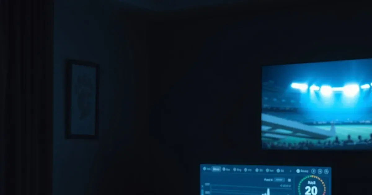 Dark living room lit by a television glowing with stadium floodlight tones, a second screen showing a faint stopwatch readout beside it