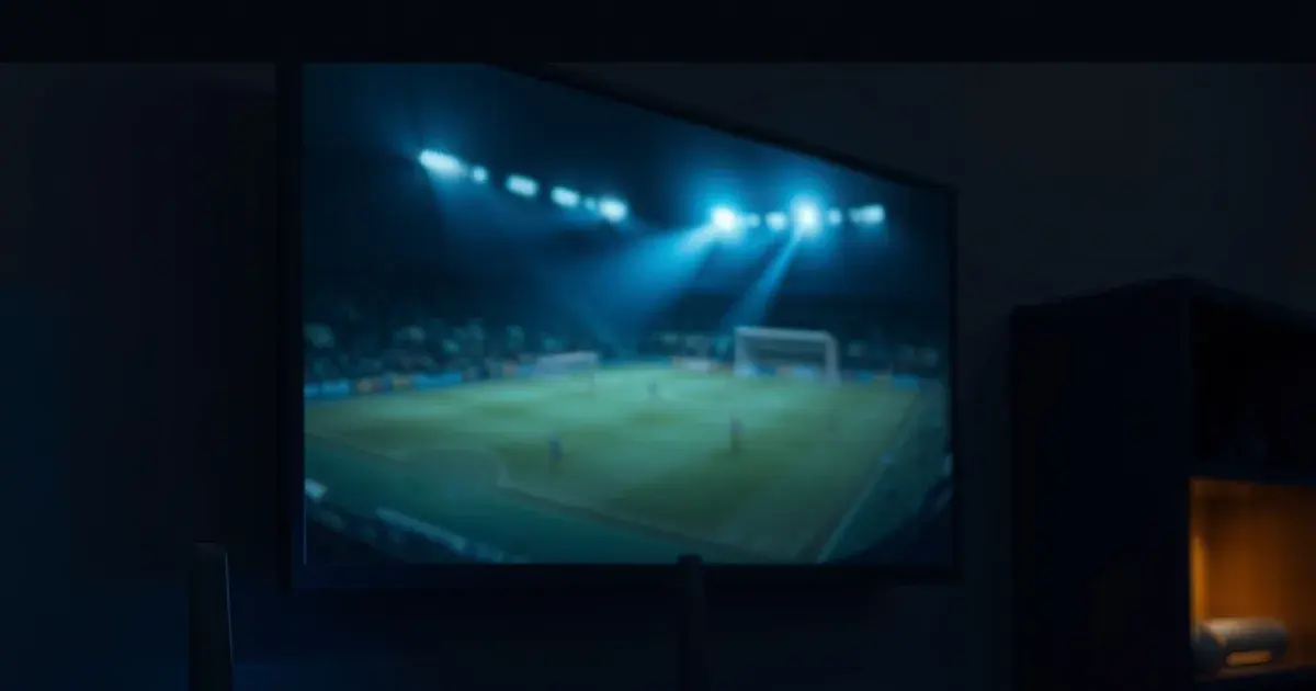 A dark home router with glowing priority lights beside a wall-mounted TV showing a football match, in a dim living room at night