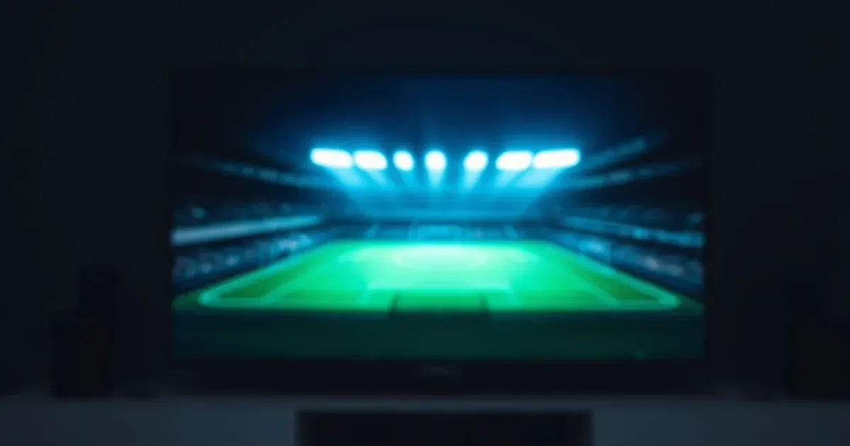 Dark home theater setup with a streaming box and remote in front of a glowing TV screen showing a floodlit football pitch scene