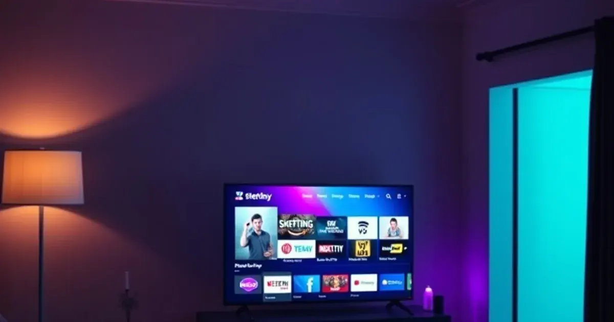 A UK living room at night with a smart TV showing a streaming service home screen