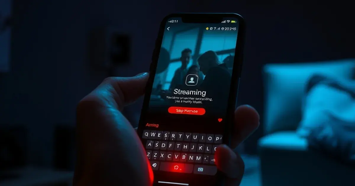 A hand holding a smartphone with a streaming app glowing on screen, cast in dim blue light with a subtle red warning glow, symbolizing the risk of choosing an unverified IPTV provider