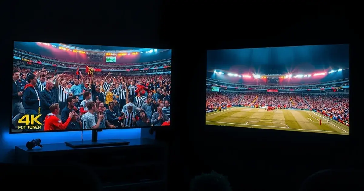 Two TVs in a dark room at night, one streaming a sharp 4K football match and the other showing a buffering screen mid-match