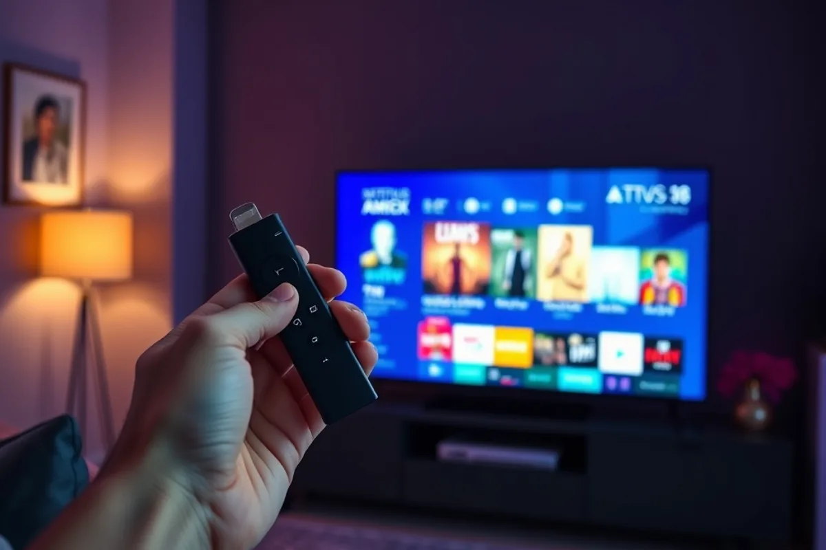 A hand holding a streaming stick and a phone showing the same TV service next to a television