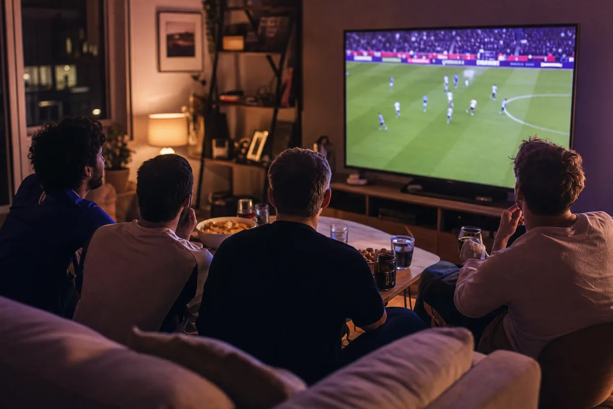 Friends watching live Premier League football together on a big screen in a UK home at night