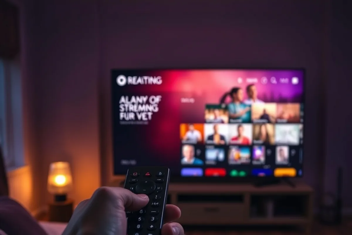 A person setting up an IPTV app on a smart TV using a remote control in a dark living room