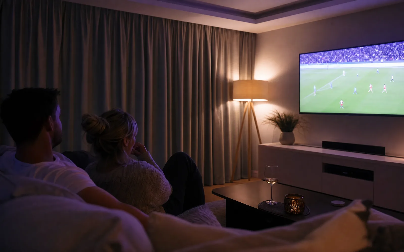 A UK living room at night with a large television streaming live sport, warm lamp light in a cosy dark room